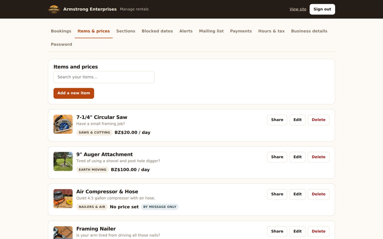Armstrong Enterprises – Rentals — Owner's dashboard